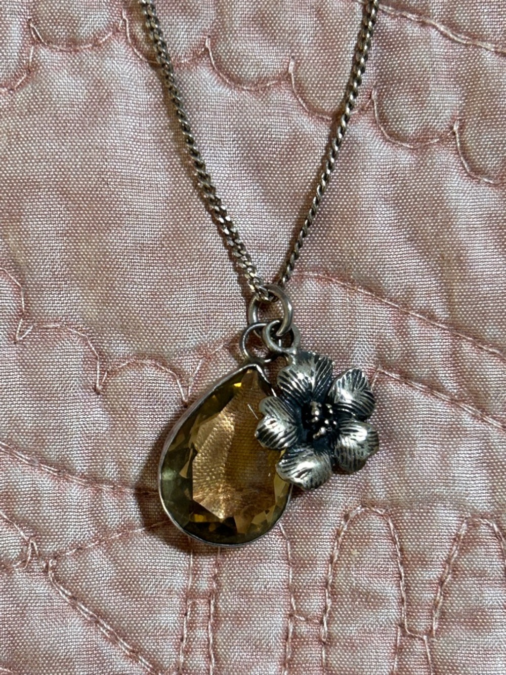 Sterling Silver Floral Pendant Necklace with Citrine Teardrop Crystal